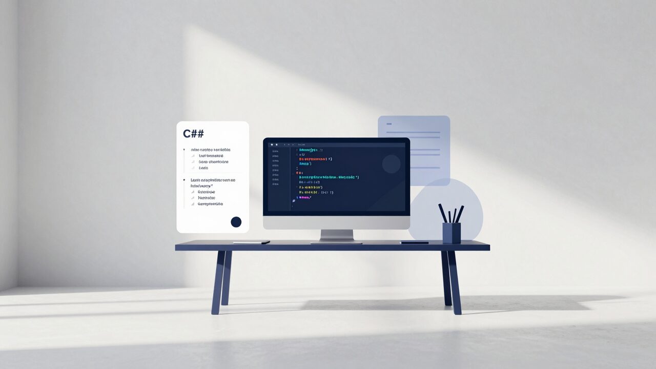 C# 변수와 데이터 타입를 설명하는 플랫 일러스트 대표 이미지