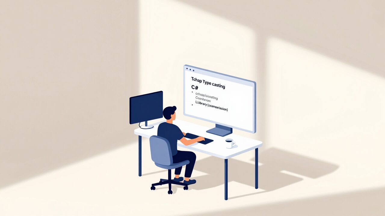 C# 형변환과 캐스팅를 설명하는 아이소메트릭 일러스트 대표 이미지