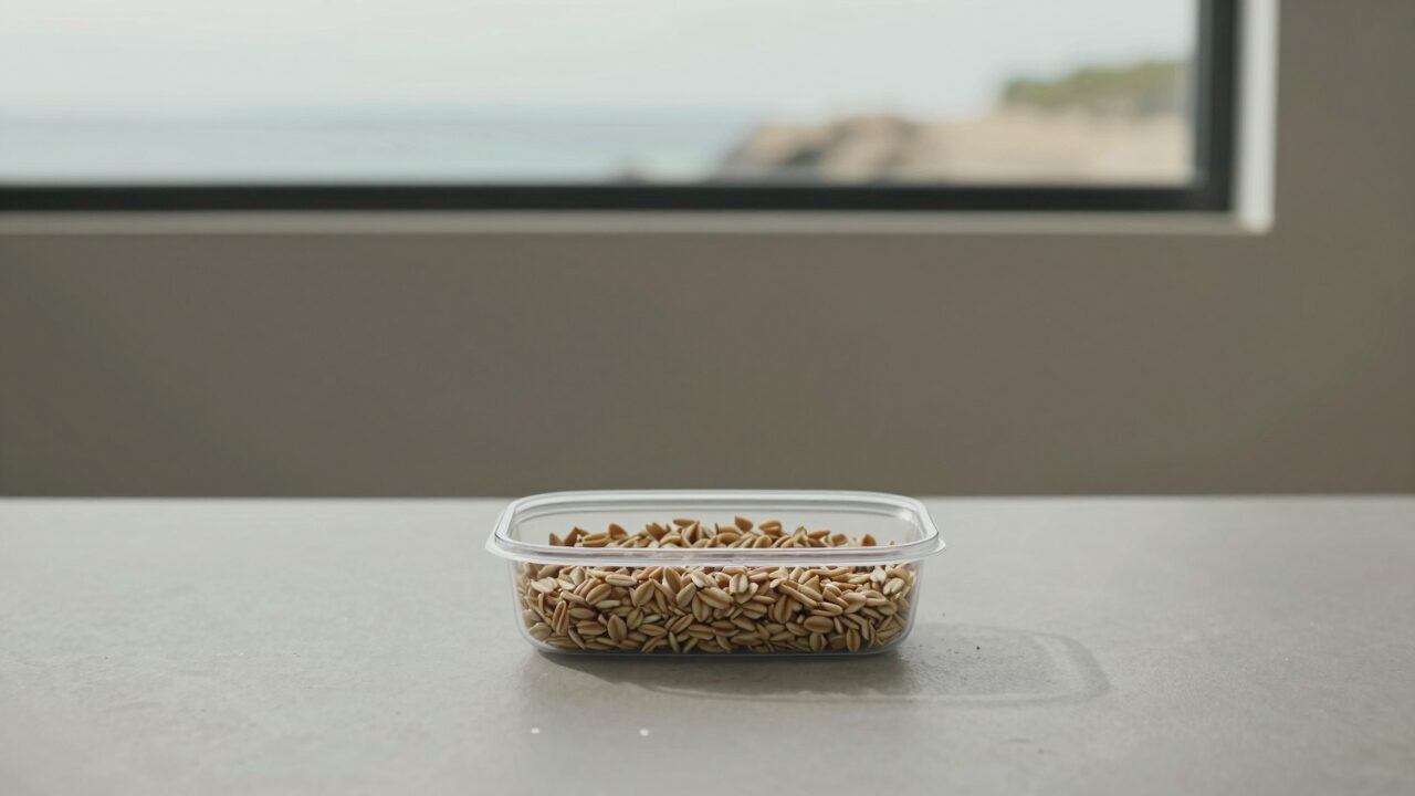 귀리를 접시에 담아 밝은 주방에서 촬영한 다이어트 식단 이미지