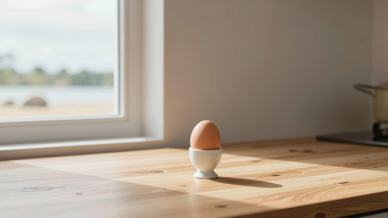 삶은달걀를 접시에 담아 밝은 주방에서 촬영한 다이어트 식단 이미지