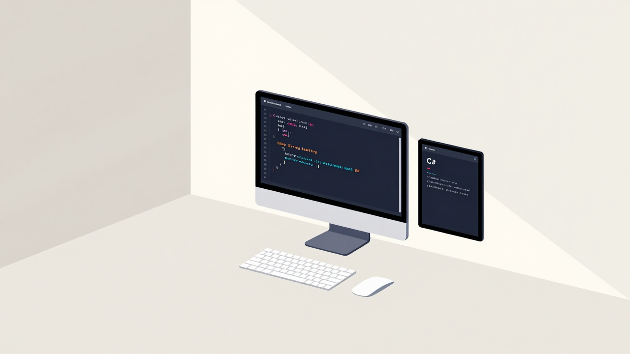 C# 문자열 다루기를 설명하는 아이소메트릭 일러스트 대표 이미지